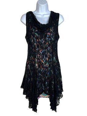 VTG Pyramid Collection Multicolor Print black Lace Mini Dress handkerchief Hem L